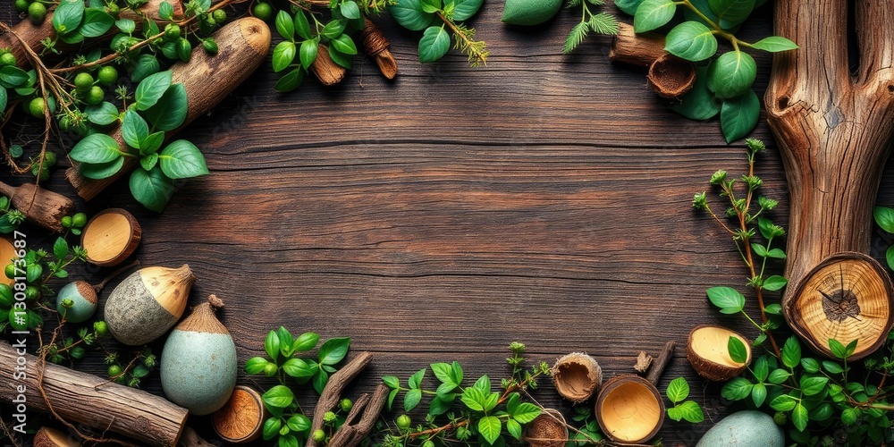 Nature-inspired background with a mixture of greenery and wooden elements, natural, peaceful Nature-inspired background with a mixture of greenery and wooden elements, natural, peaceful