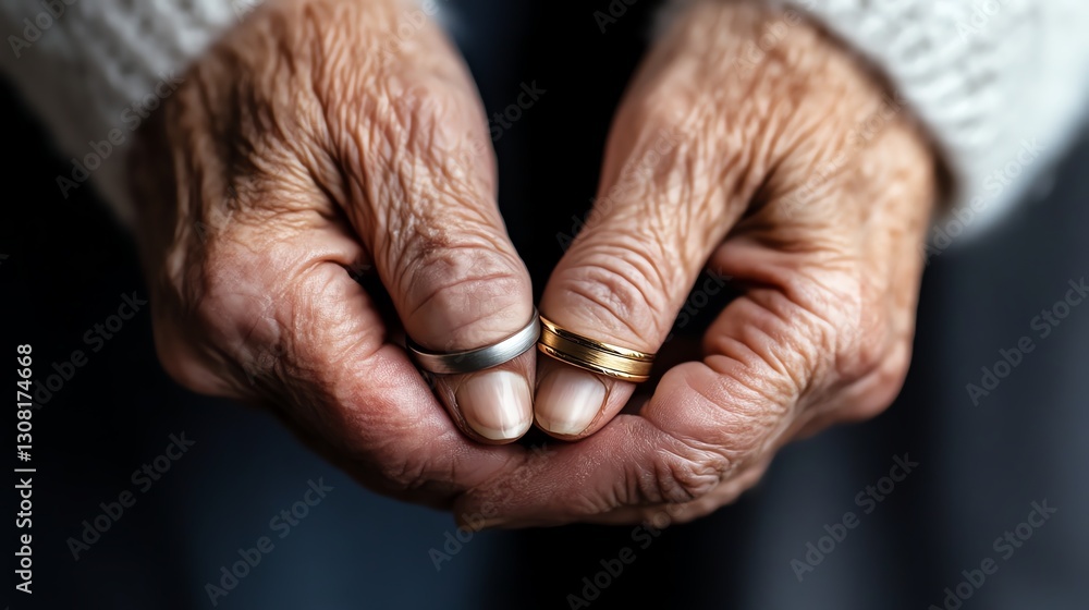 Fototapeta premium Hands of an elderly couple holding their original wedding rings, symbolizing lifelong love and devotion
