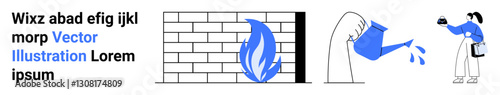 Brick wall with flame, person watering to put it out, and text elements. Ideal for teamwork, problem-solving, conflict resolution, creative solutions, community support, safety flat landing page