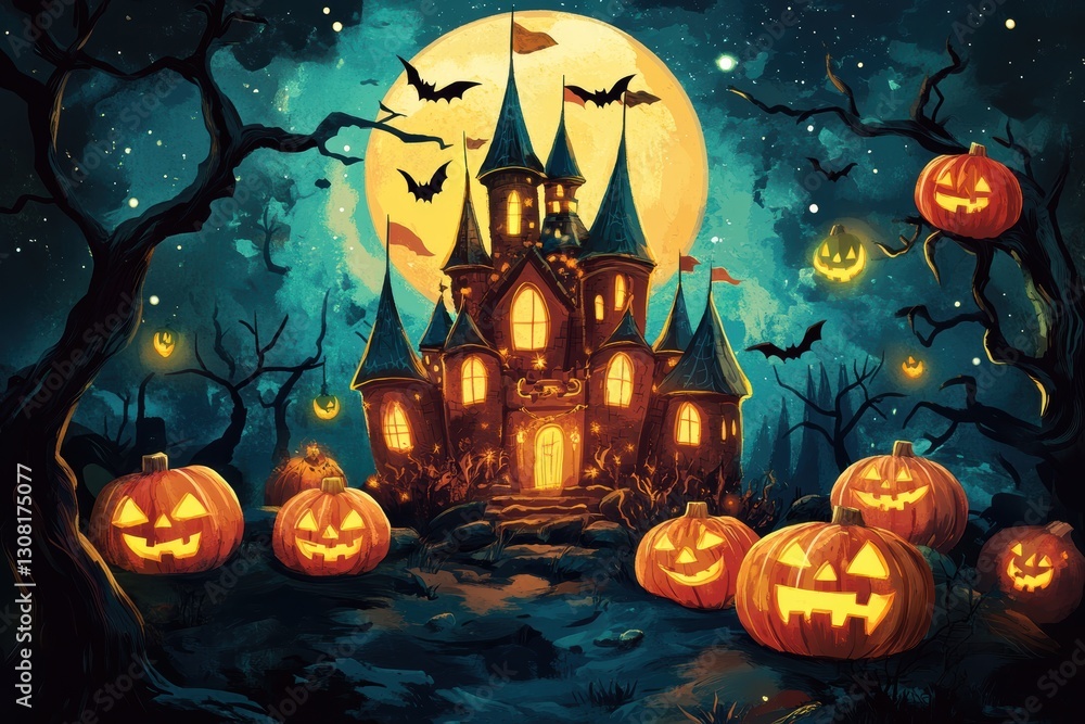 Fototapeta premium A spooky Halloween scene with a haunted castle under a full moon, surrounded by glowing jack-o'-lanterns and flying bats, creating an eerie atmosphere perfect for Halloween designs.
