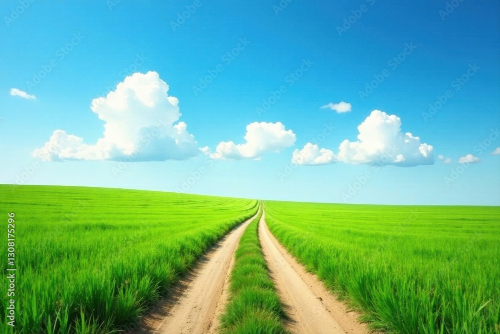 A Dirt Road Through Lush Green Fields Under a Vivid Blue Sky with Puffy White Clouds A Dirt Road Through Lush Green Fields Under a Vivid Blue Sky with Puffy White Clouds