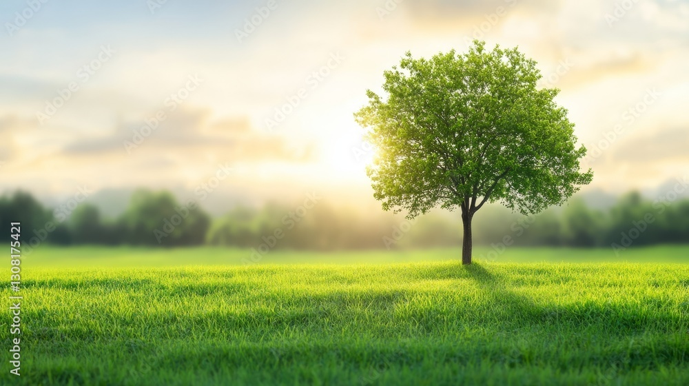 Solitary tree in a vast field, serene landscape photograph of nature's expansive beauty Solitary tree in a vast field, serene landscape photograph of nature's expansive beauty