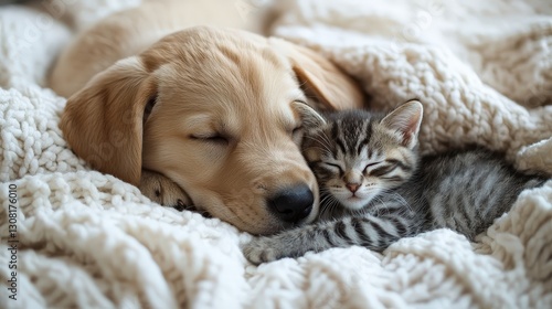 A golden retriever puppy snoozes peacefully on a pristine white blanket. Its head rests gently to one side, eyes softly shut in contentment photo