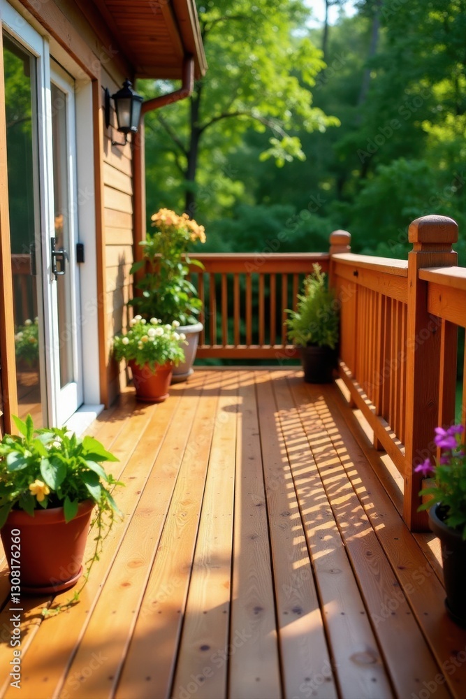 Sun-drenched wooden deck adjacent to a home, showcasing potted plants and a railing overlooking a tranquil forest. Sun-drenched wooden deck adjacent to a home, showcasing potted plants and a railing overlooking a tranquil forest.