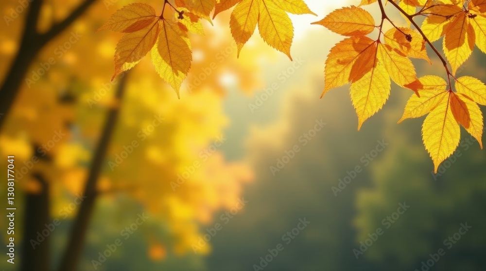 Golden Autumn Leaves Illuminated by Sunlight Against a Softly Blurred Background of Fall Foliage Golden Autumn Leaves Illuminated by Sunlight Against a Softly Blurred Background of Fall Foliage