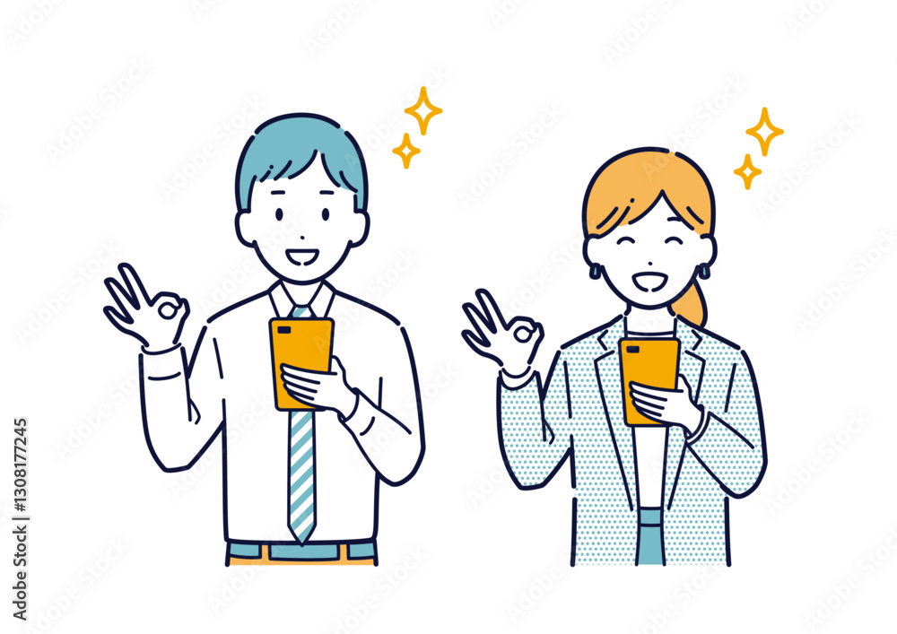 スマホを持ってOKサインをするビジネスパーソンのイラスト