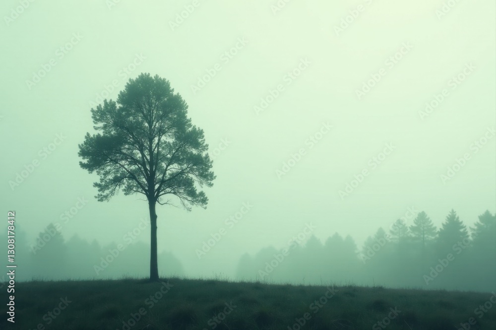 Fototapeta premium Solitary Tree in a Misty Meadow, Enveloped by a Serene and Mysterious Atmosphere