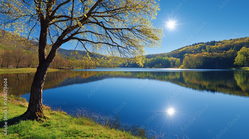 Autumn Lake Landscape With Colorful Trees And Sunny Sky Autumn Lake Landscape With Colorful Trees And Sunny Sky