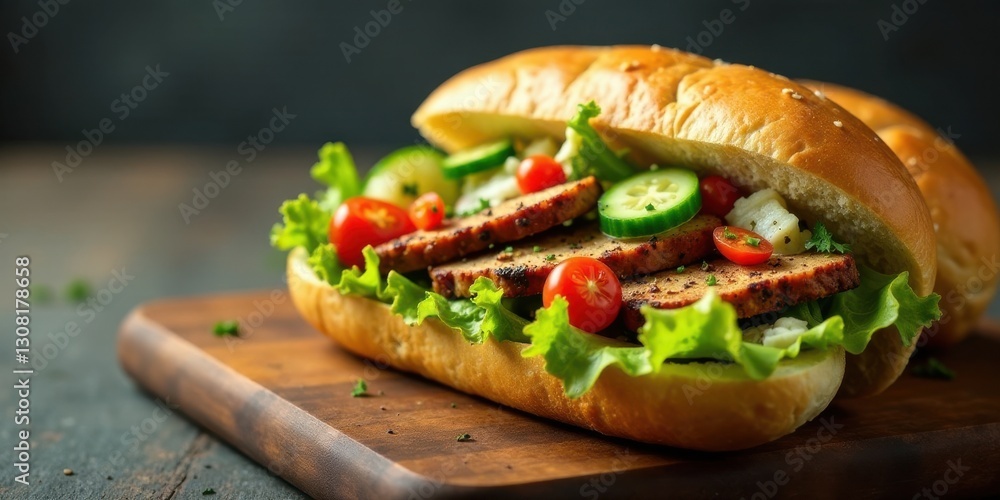 Savory Sliced Meat Sub with Fresh Vegetables and Creamy Cheese on a Rustic Wooden Board Savory Sliced Meat Sub with Fresh Vegetables and Creamy Cheese on a Rustic Wooden Board