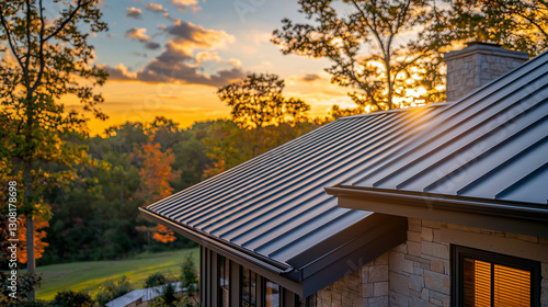 Wallpaper Mural Luxury Home Exterior with Metal Roof at Sunset Architectural Design Real Estate Property Modern House Torontodigital.ca