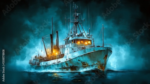 A weathered fishing vessel sails through a dark stormy sea
