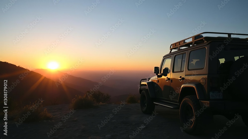 Fototapeta premium Close up shot of 4x4 offroad wheels with mountain view at dusk, exploration, terrain