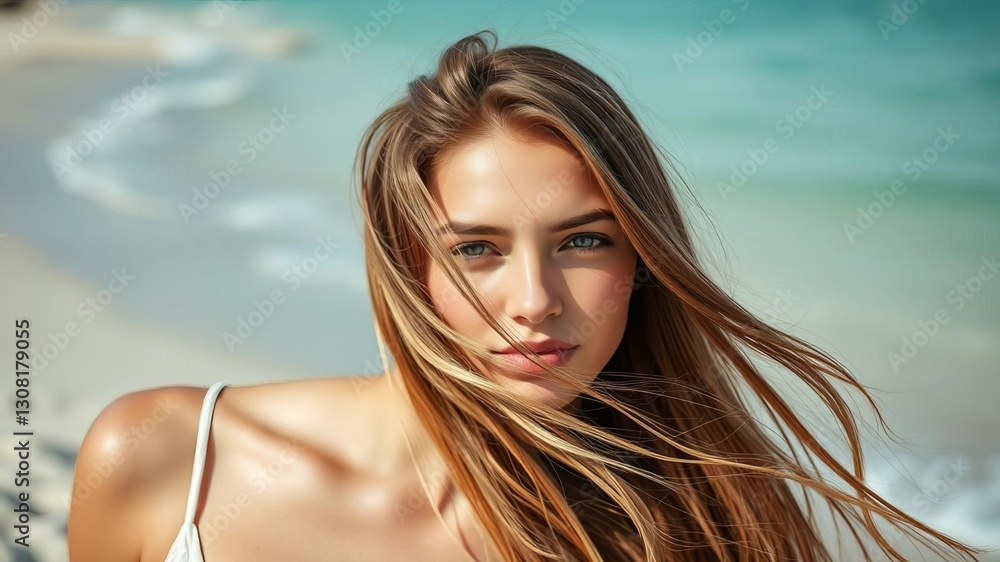 Close up portrait of a beautiful woman with sun-kissed skin and flowing hair on the beach, beautiful, outdoor Close up portrait of a beautiful woman with sun-kissed skin and flowing hair on the beach, beautiful, outdoor