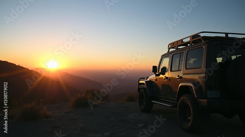 Close up shot of 4x4 offroad wheels with mountain view at dusk, exploration, terrain