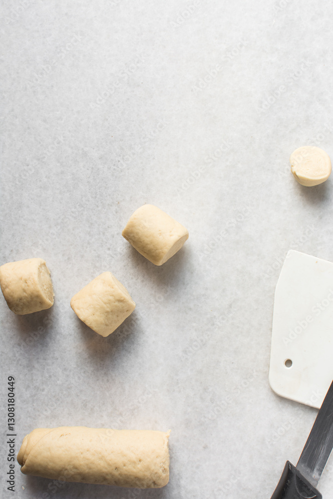 Fototapeta premium Overhead view of steamed bun dough on a white countertop, top view of mantou dough, process of making steamed milk buns