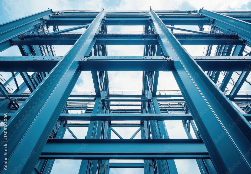 Modern Industrial Architecture Framework Captured from Below, Showcasing Steel Beams and Open Sky in a Meticulous Urban Environment Modern Industrial Architecture Framework Captured from Below, Showcasing Steel Beams and Open Sky in a Meticulous Urban Environment