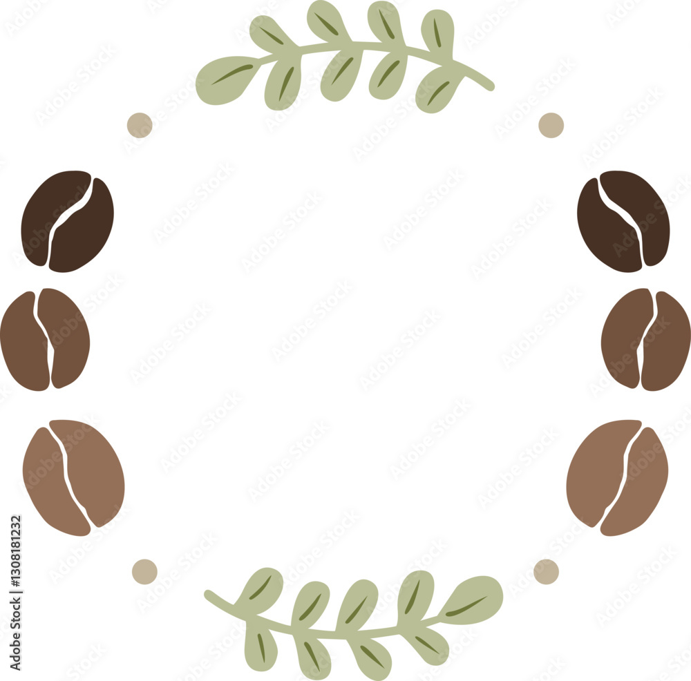 Abstract coffee beans and leaves wreath flat design border illustration for decoration on coffee cafe, coffee drinks and restaurant. Abstract coffee beans and leaves wreath flat design border illustration for decoration on coffee cafe, coffee drinks and restaurant.