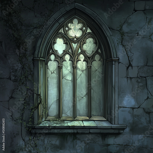 gothic window illustration with moody lighting