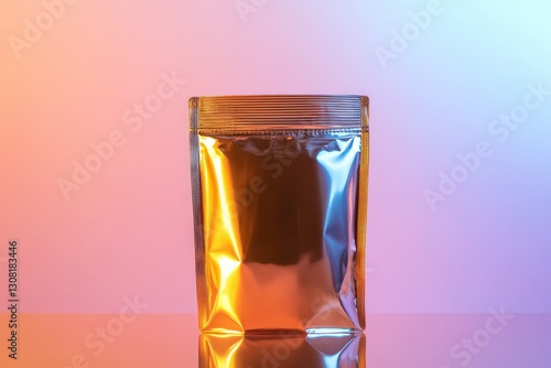 Foil Pouch Packaging for Neon Background. photo