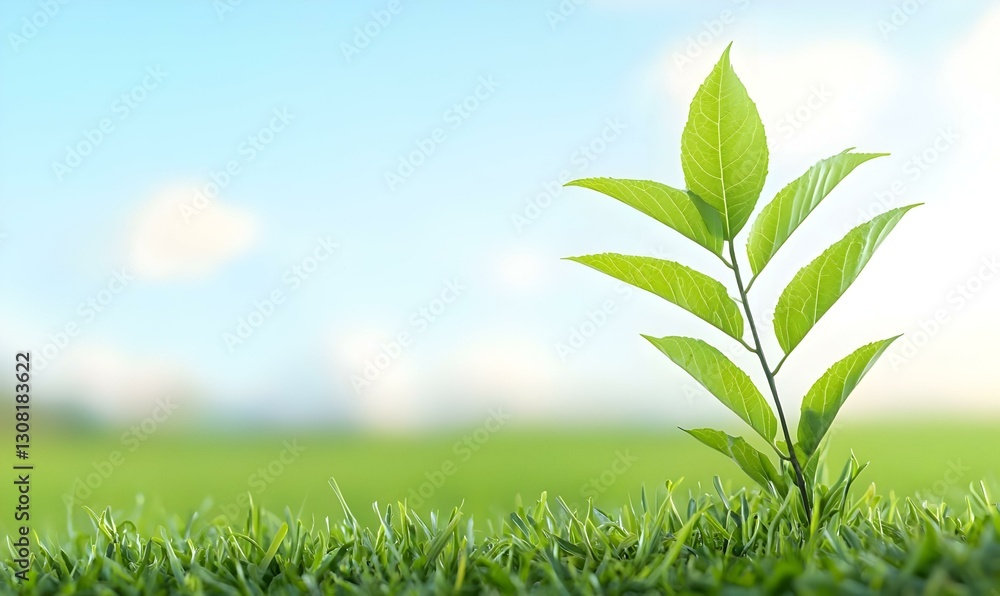 Obraz premium Fresh Green Plant Growing in Lush Grass Against Clear Sky
