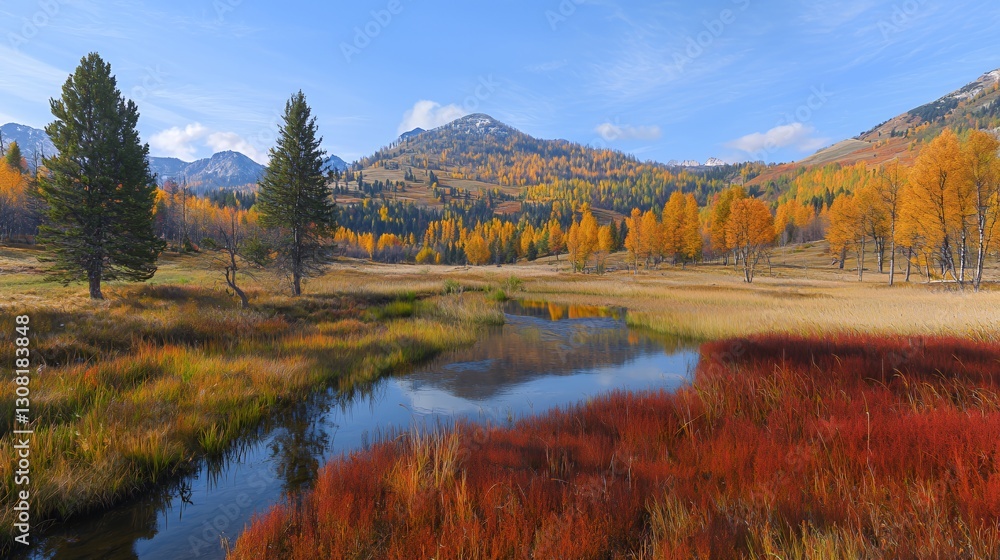 Autumn Mountain Landscape with River Reflection Autumn Mountain Landscape with River Reflection