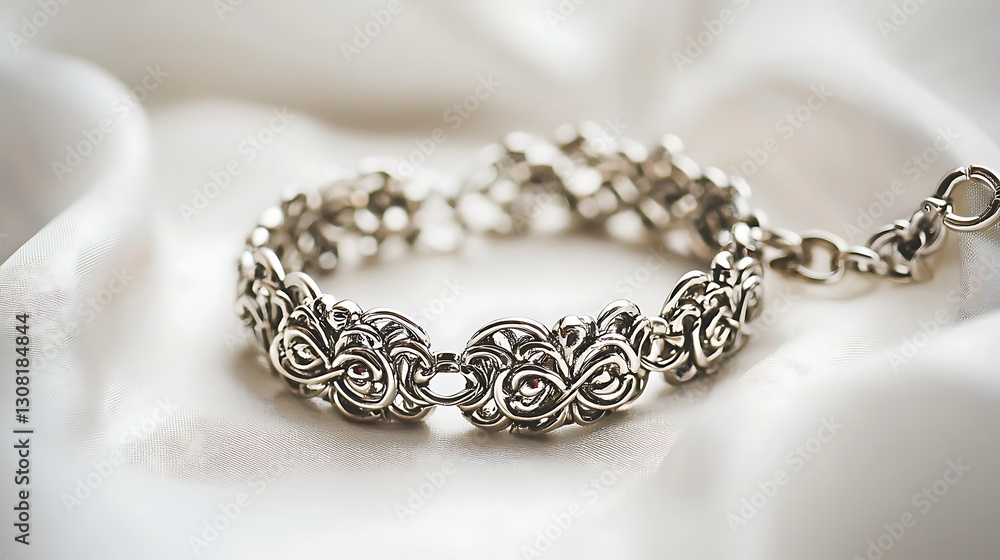 A silver bracelet with a flower design sits on a white cloth A silver bracelet with a flower design sits on a white cloth