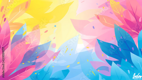 Colorful Abstract Illustration Featuring Multicolored Leaves With Bright Yellow Background

