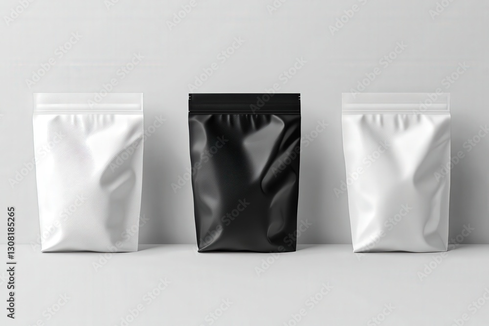 Mockup: Blank Stand-Up Pouches for White Background. Mockup: Blank Stand-Up Pouches for White Background.