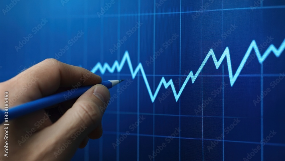Hand pointing at a fluctuating stock market graph. Hand pointing at a fluctuating stock market graph.