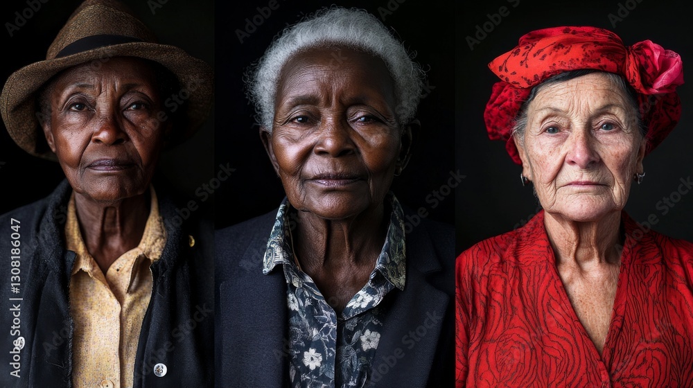 Three elderly women with distinct expressions and attire, captured against a dark background Three elderly women with distinct expressions and attire, captured against a dark background