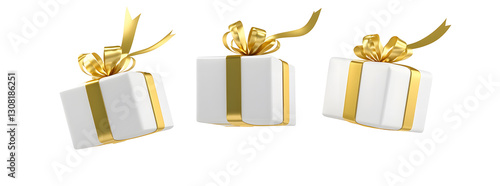 Three White Gift Boxes with Golden Ribbons and Bows.