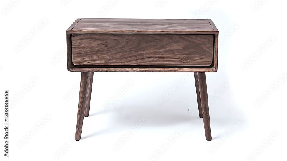 A wooden nightstand with a drawer sits on a white background A wooden nightstand with a drawer sits on a white background