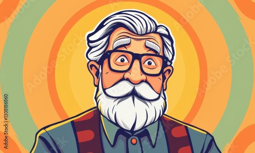 Vibrant Illustration of a Joyful Elderly Man with Glasses and a White Beard, Radiating a Warm and Cheerful Aura Against a Colorful Background