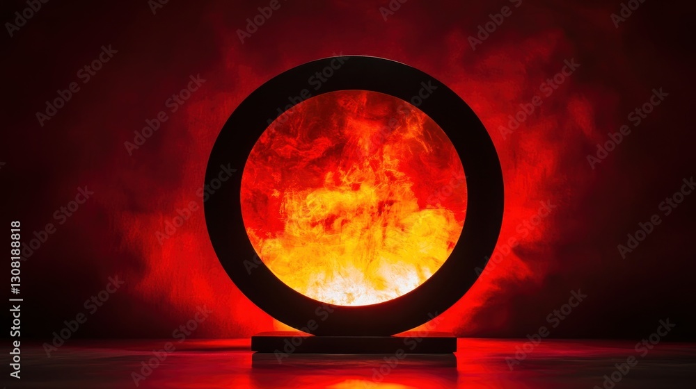Black Silhouette Circle with Fiery Background and Vibrant Colors