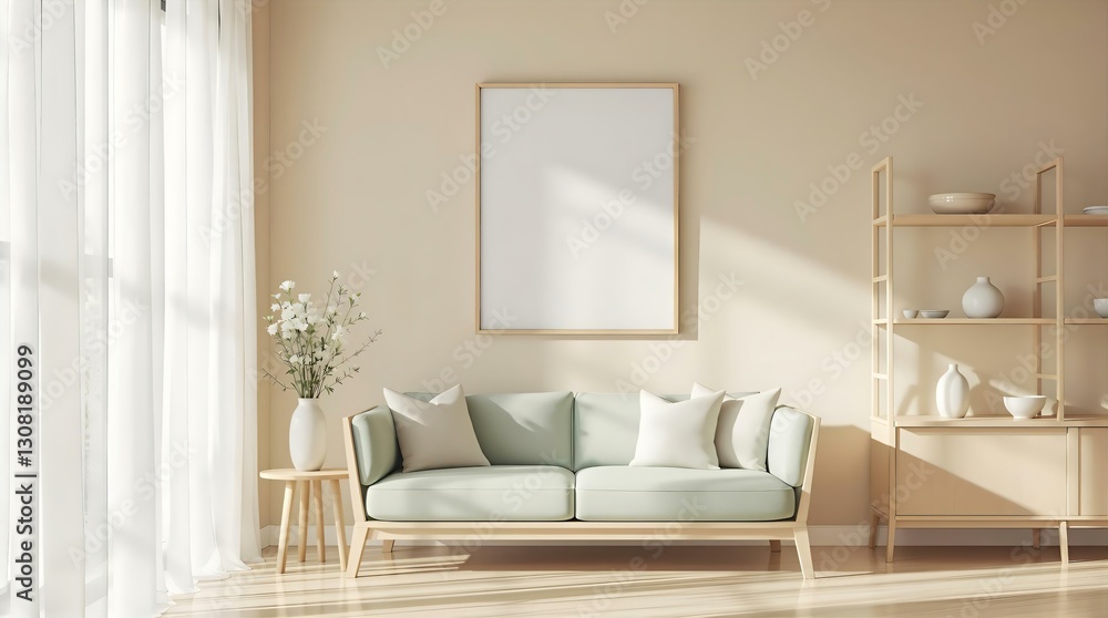 Minimalist Living Room Interior: Light Green Sofa, Blank Frame Mockup, Neutral Decor, Sunlight, Modern Home Design Minimalist Living Room Interior: Light Green Sofa, Blank Frame Mockup, Neutral Decor, Sunlight, Modern Home Design