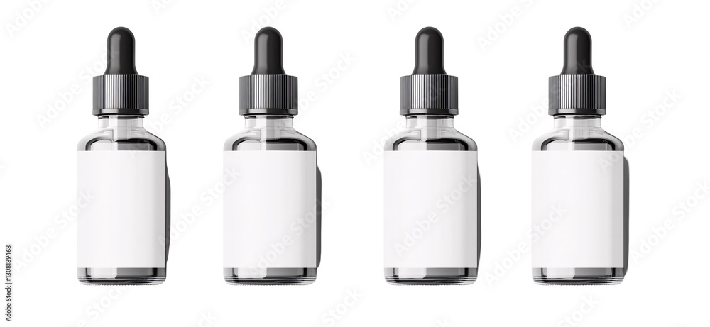 Four Dropper Bottles with Different Caps and Labels. Set