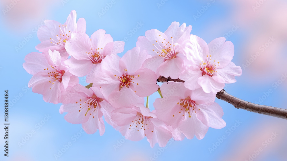 Delicate pink cherry blossoms bloom vibrantly on branch against clear blue sky, capturing essence of spring Delicate pink cherry blossoms bloom vibrantly on branch against clear blue sky, capturing essence of spring
