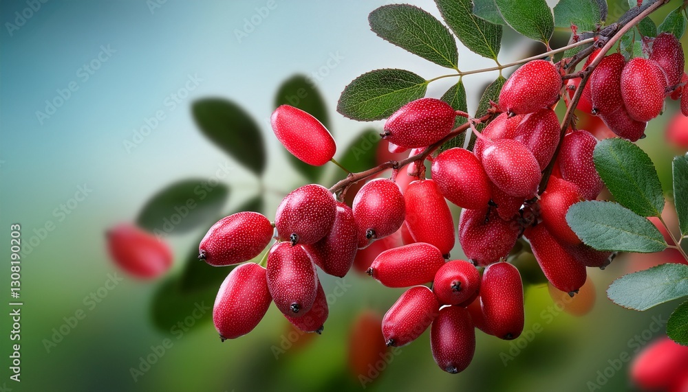 Fototapeta premium ripe barberries on branch with green leaves