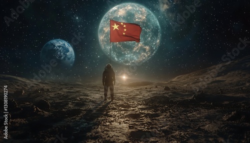 Astronaut, lunar flag, Earth, space
