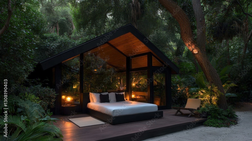 Modern bedroom in a secluded forest setting. Modern bedroom in a secluded forest setting.
