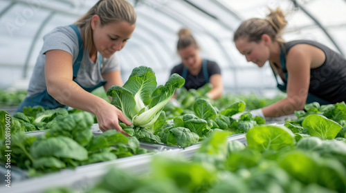 Wallpaper Mural Women harvesting vegetables in hydroponic greenhouse, showcasing teamwork and sustainable farming practices Torontodigital.ca