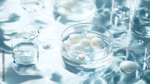 Wallpaper Mural Laboratory glassware drifting on water next to petri dish serene aquatic environment scientific exploration aerial perspective chemistry concept Torontodigital.ca