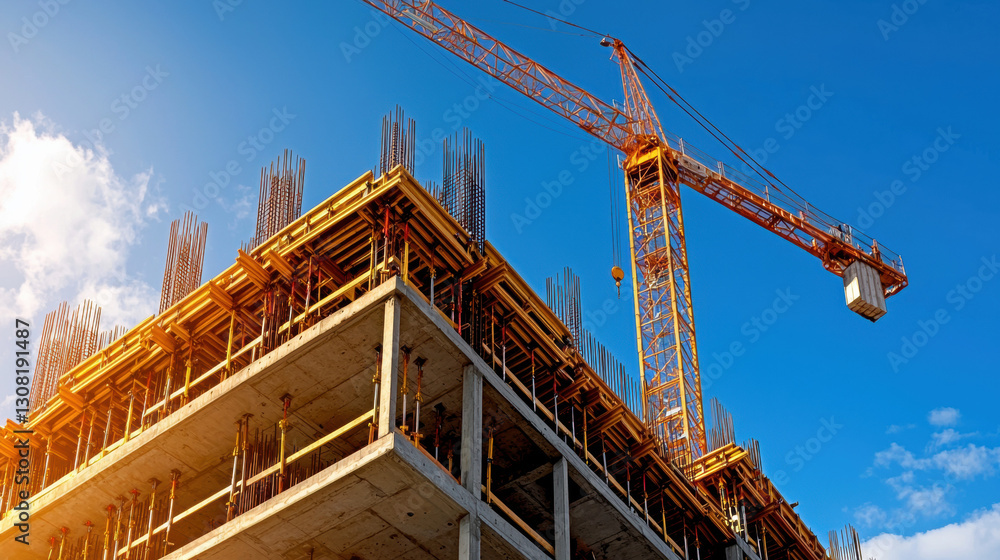 Busy construction site featuring heavy machinery and workers engaged in high-rise construction planning activities Busy construction site featuring heavy machinery and workers engaged in high-rise construction planning activities