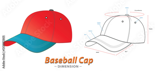Set of Baseball Cap Dimensions Design and Structure Illustration, isolated on white