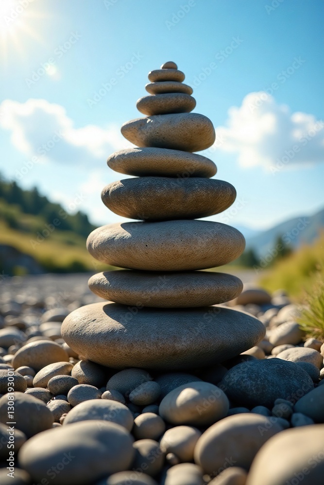 A cairn of varied sized rocks, sunlight dappled , hill, environment, pile A cairn of varied sized rocks, sunlight dappled , hill, environment, pile