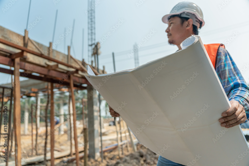 inspector or engineer is inspecting construction and quality assurance new house using a blue print. Engineer or architects or contactor work to build the house before handing it over to the homeowner