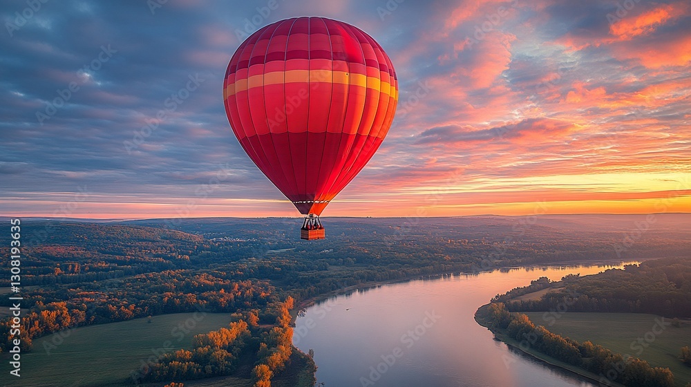 Obraz premium Red Hot Air Balloon Soaring Over Autumnal Landscape at Sunset