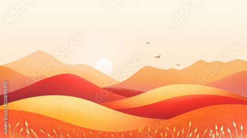 Serene Landscape of Rolling Hills During a Vibrant Sunset

