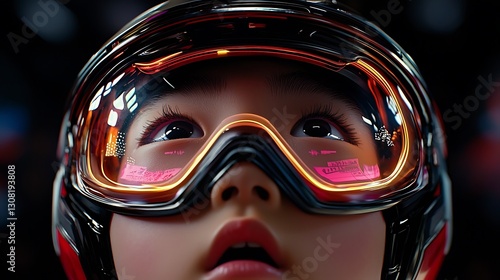 Child in ski goggles ready for action indoor sports arena portrait futuristic environment upward view excitement