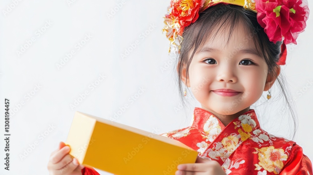 A close-up of an Asian child in a vibrant traditional outfit, holding an empty package against a bright, white background. A close-up of an Asian child in a vibrant traditional outfit, holding an empty package against a bright, white background.